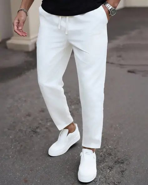 White Men Straight Fit Track Pants With Elasticated Drawstring Waist