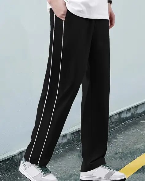 Black Men Straight Fit Track Pants With Striped Detail