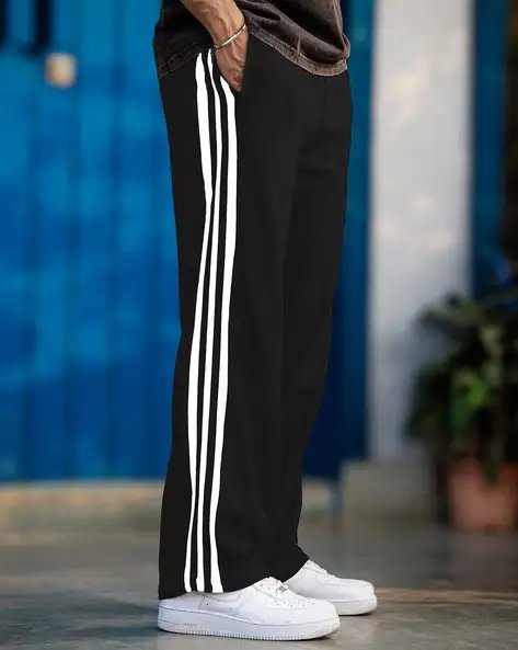 Black Men Straight Track Pants With Contrast Stripes