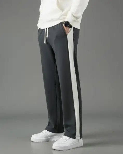 Grey Men Straight Trackpants With Contrast Tipping
