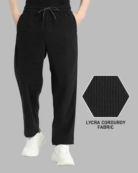 Black Men Ribbed Straight Track Pants With Drawstring Waist