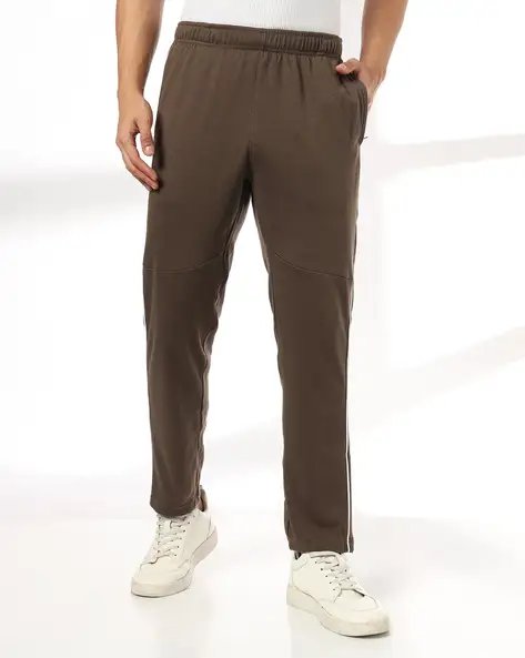 Brown Men Straight Track Pants With Core Part Piping