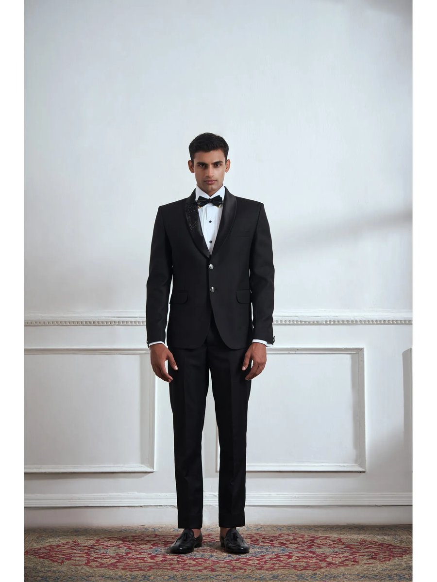 Black Embroidered Tuxedo Blazer With Pant