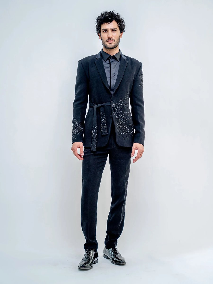 Black Metallic Wrap Style Stroked Suit Set Of 3