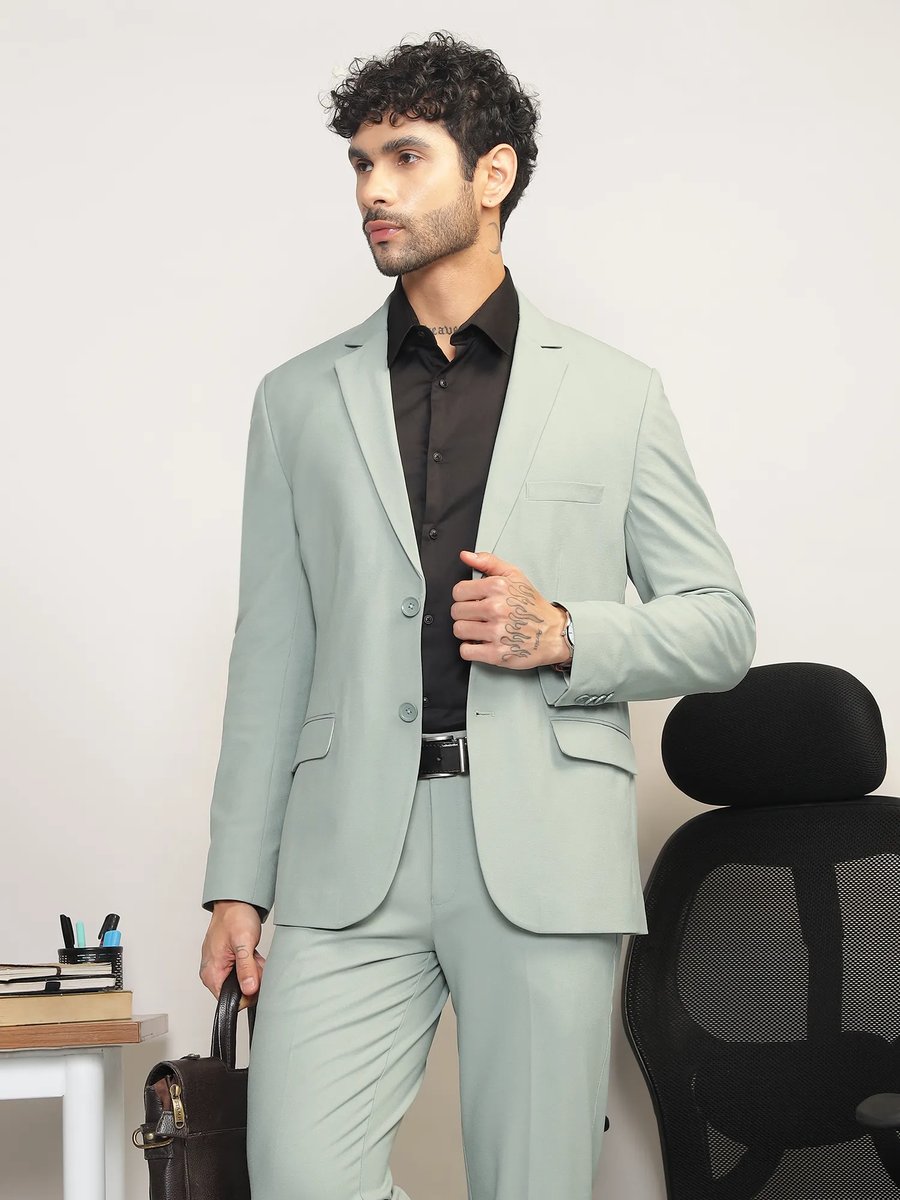 Subtract Men Green Single Breasted Solid Blaz