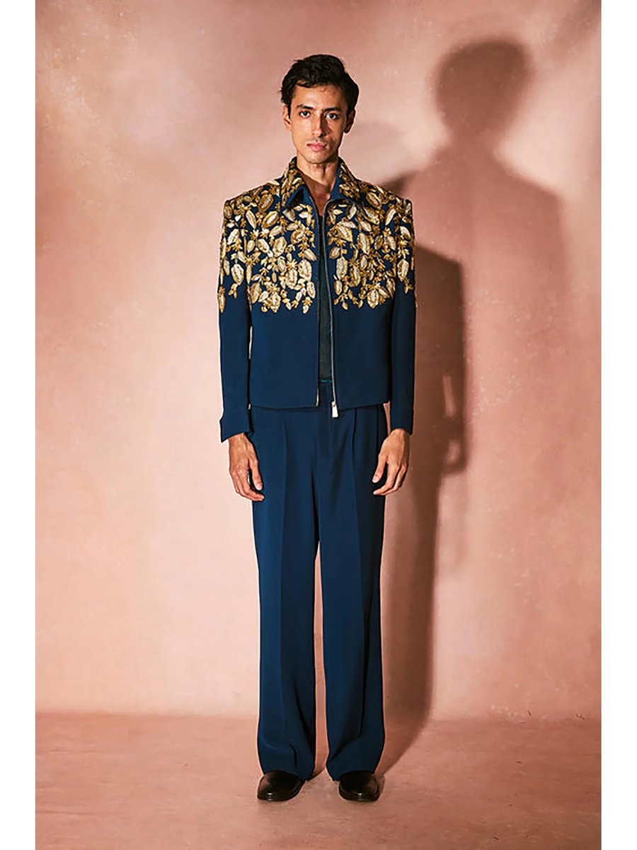 Blue Velvet Collar Neck Embroidered Jacket With Vest And Pant