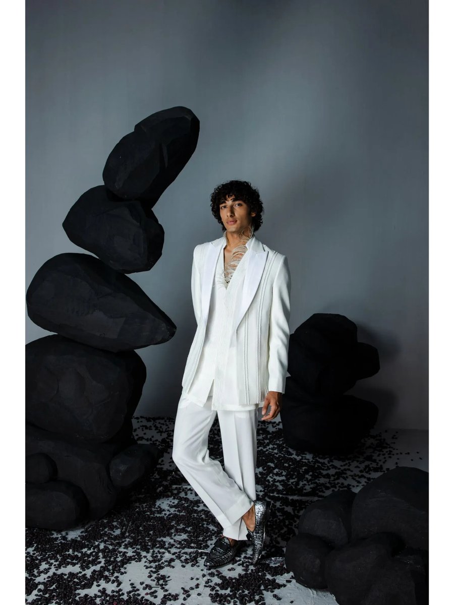 White Charm Jacket With Shirt Pant Set Of 3