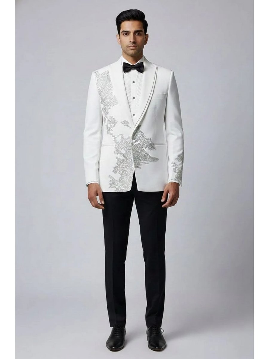 White Embroidered Tuxedo Blazer With Pant