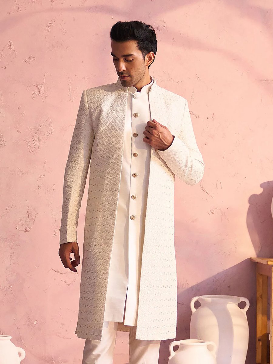 Men S Cream Silk Blend Sherwani