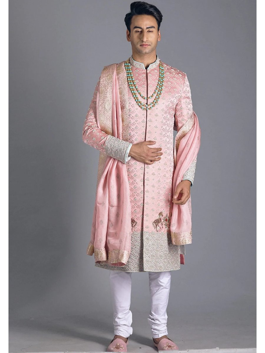 Pink Embroidered Sherwani With Kurta Pant
