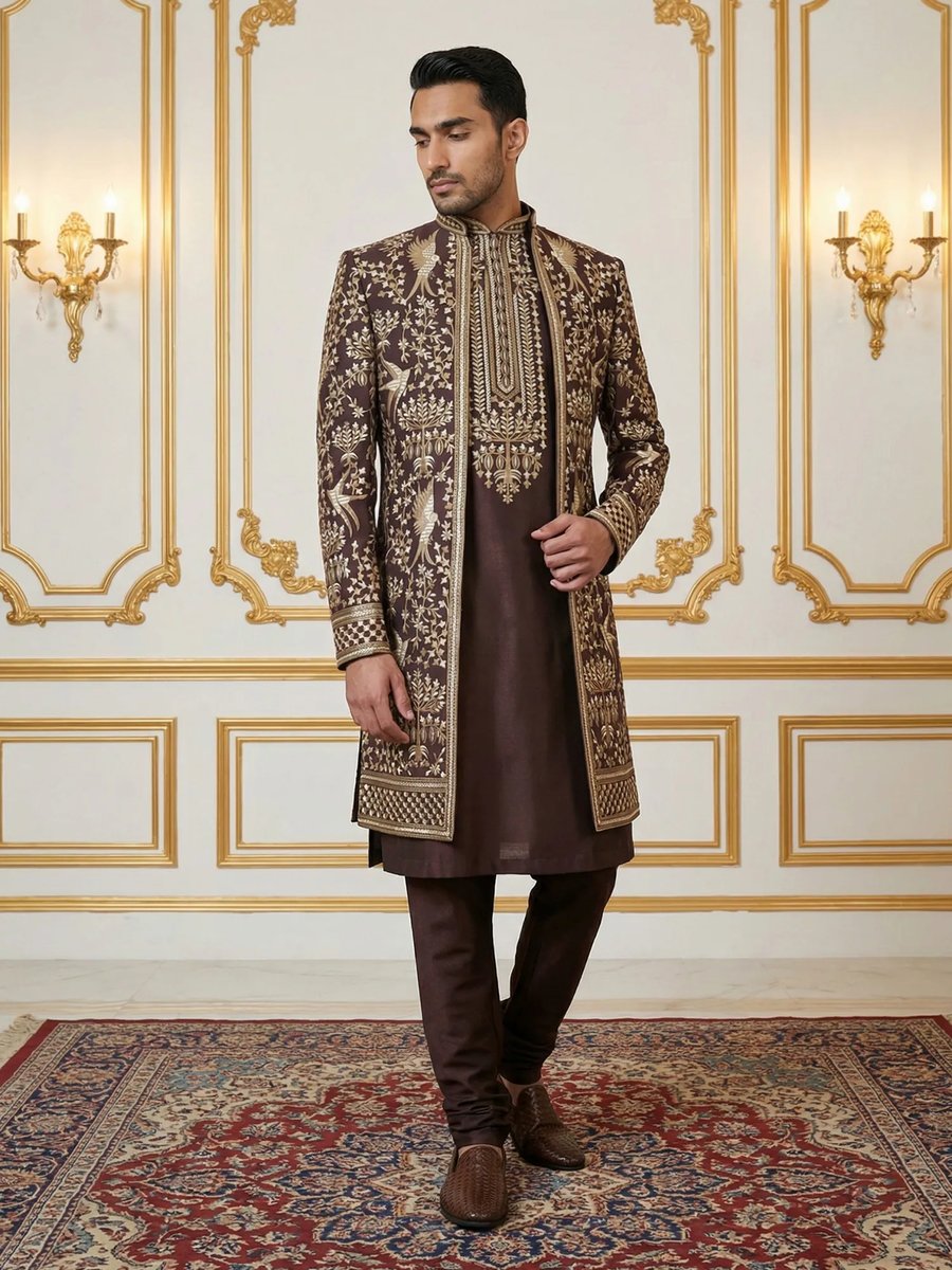 Brown Embroidered Cotton Blend Indo Western Sherwani