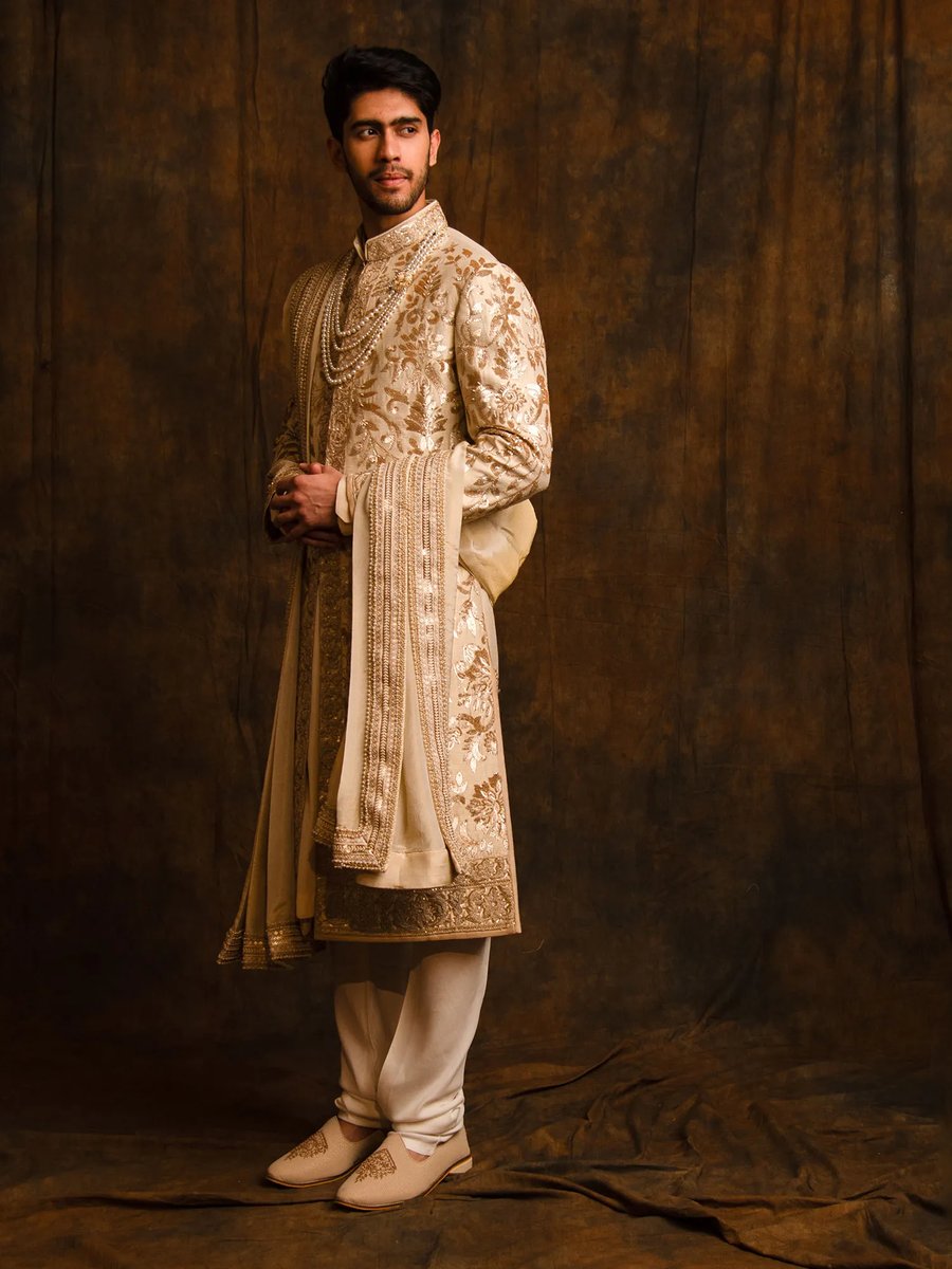 Golden Sherwani With Kurta And Churidar With Stole