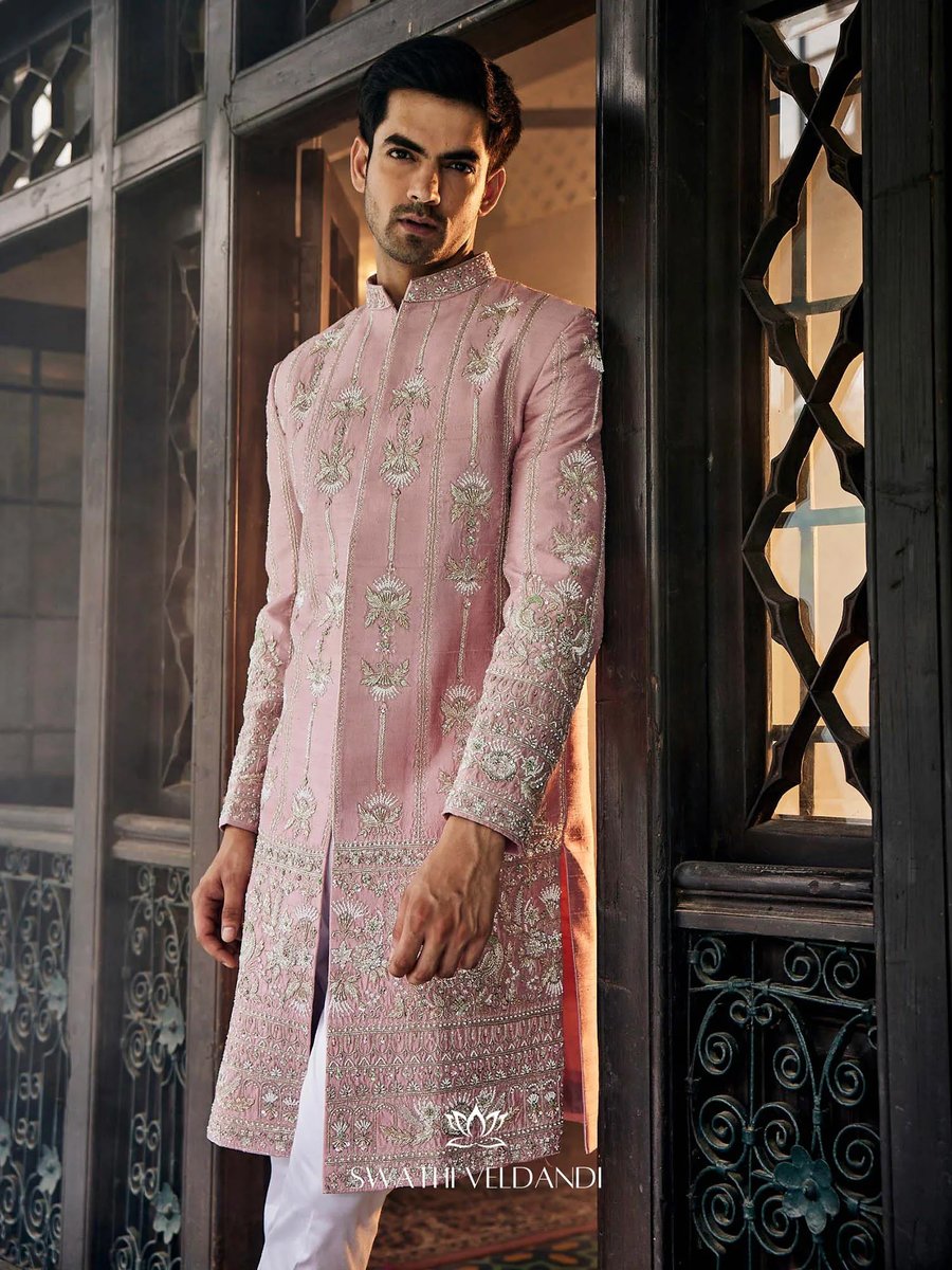 Men S White Embroidered Sherwani With Trouser