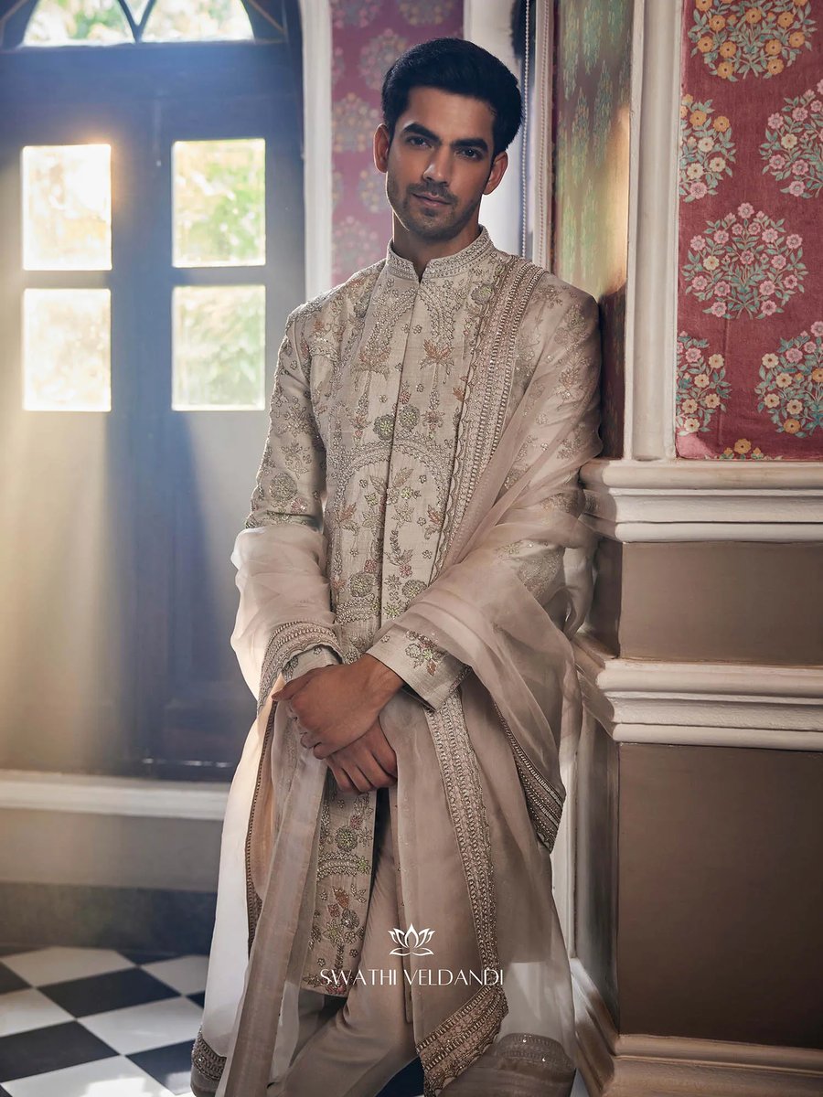 Men Blue Kurta Sherwani Trouser Set