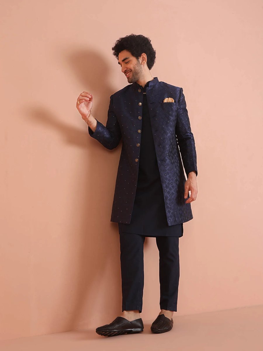 Men Silk Blend Embroidered Sequined Indo Western Sherwani
