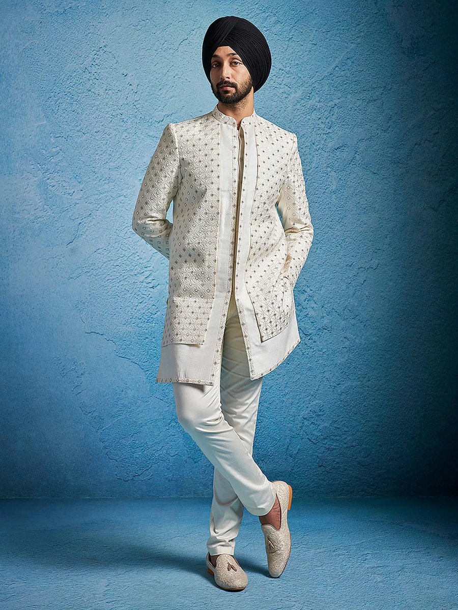 Men Black Cotton Blend Embroidered Indo Western Sherwani With Pant