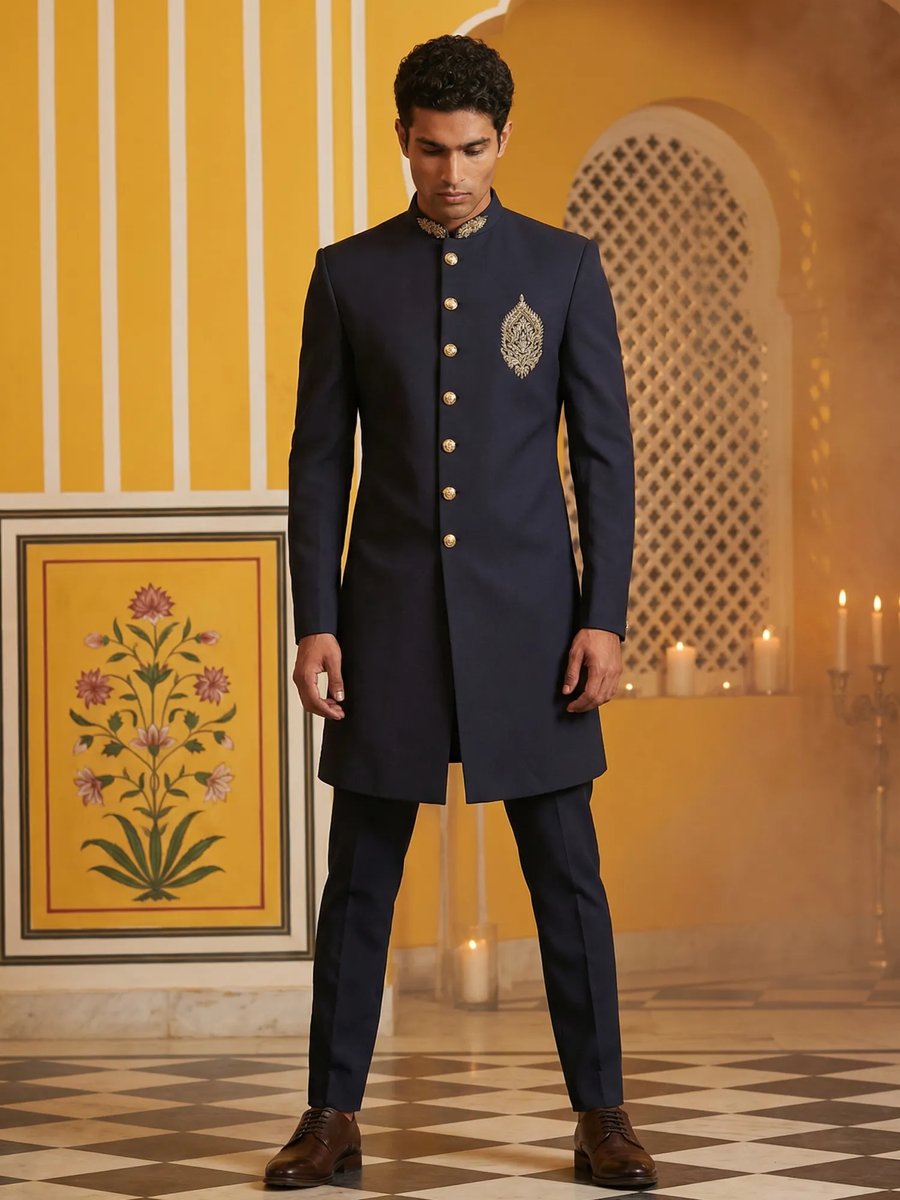 Fashion Grey Cotton Silk Embellished Sherwani