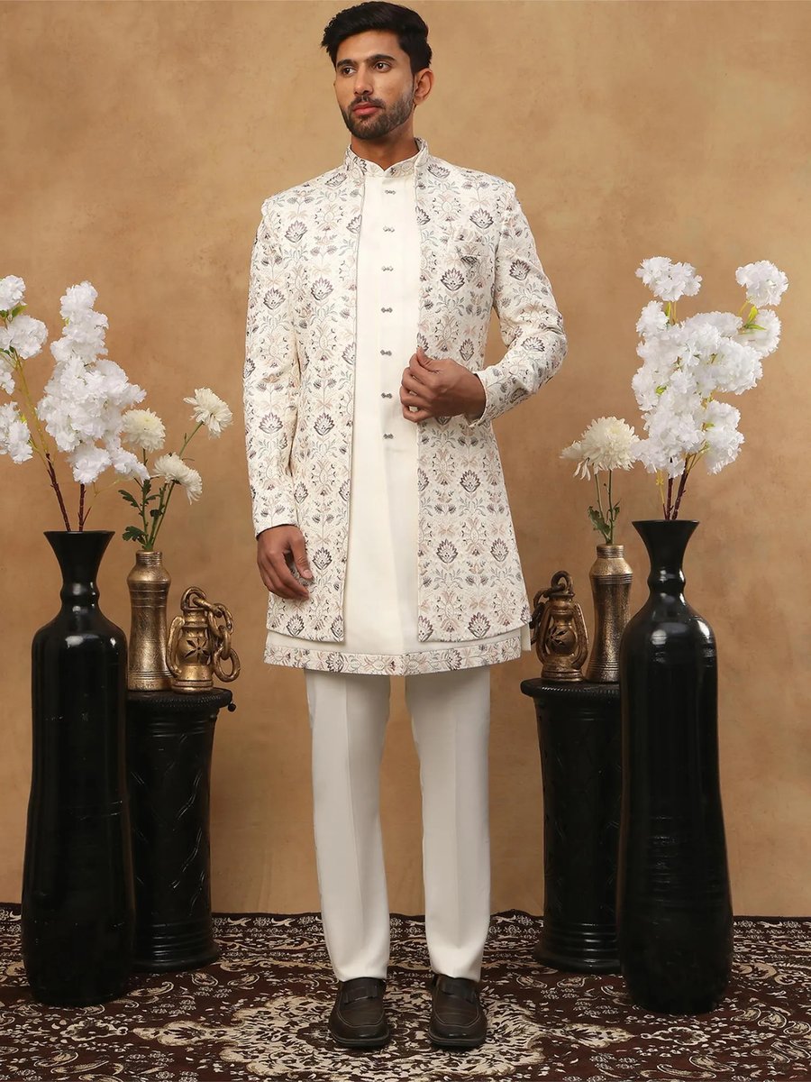 Embroidered Black Cotton Silk Faux Georgette Sherwani