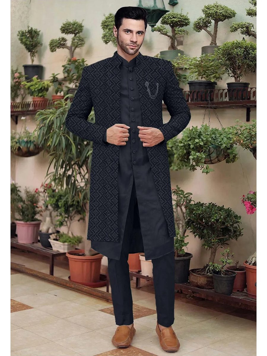 Blue Embellished Kurta With Sherwani