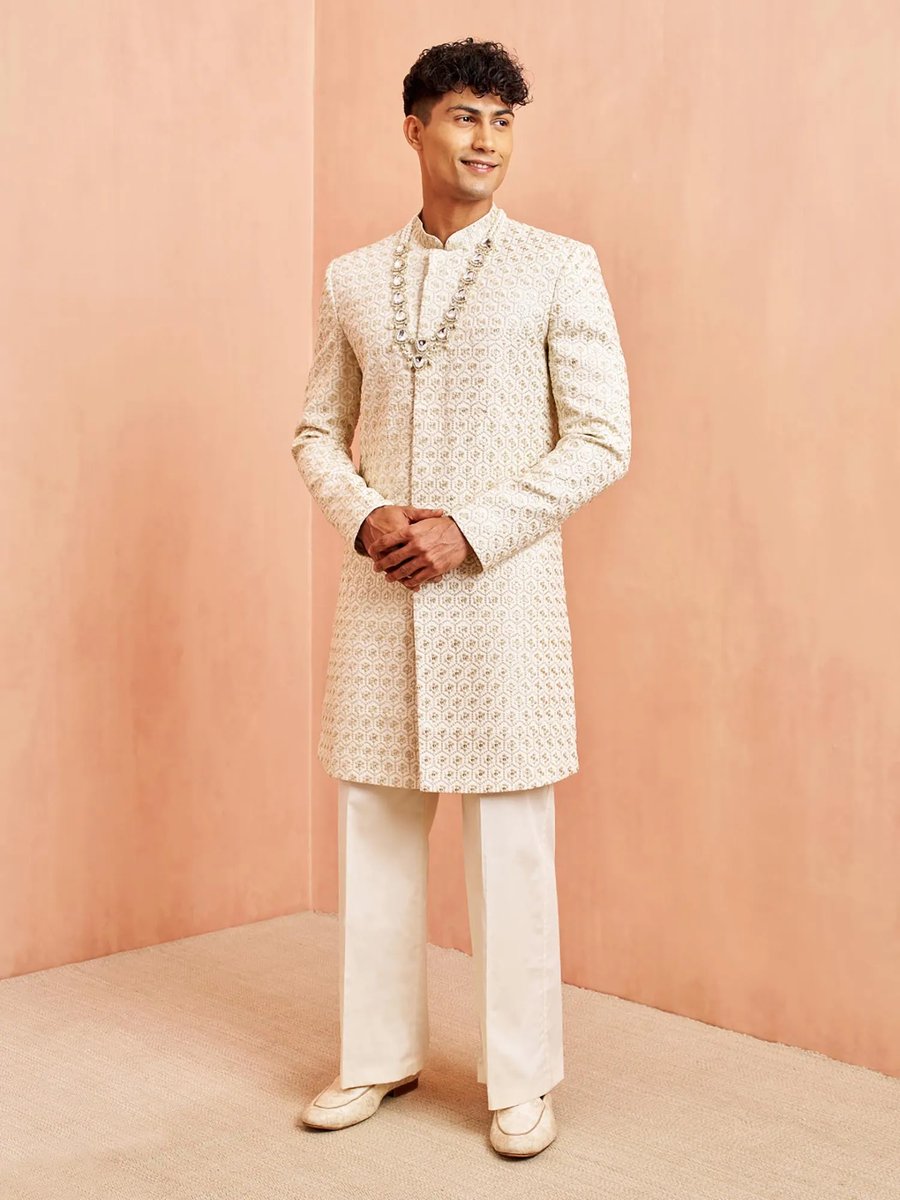 Cotton Blend Embroidered Indo Western Sherwani