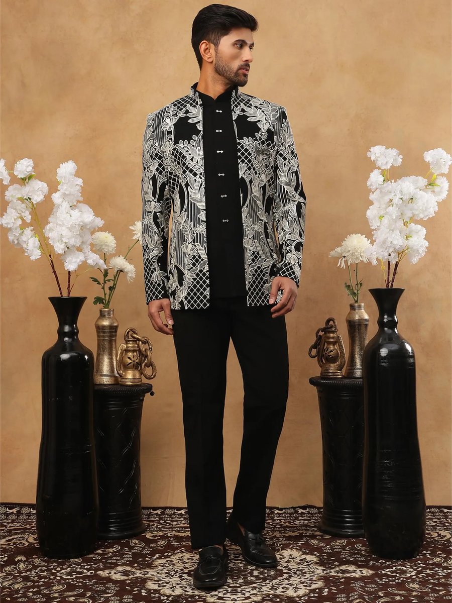 Embroidered Straight Velvet Black Sherwani