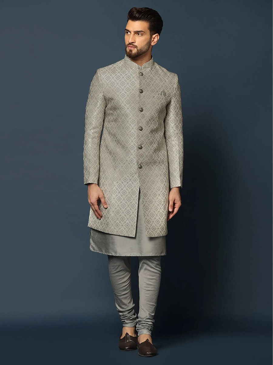 Men Navy Blue Indo Western Sherwani With Kurta And Pant