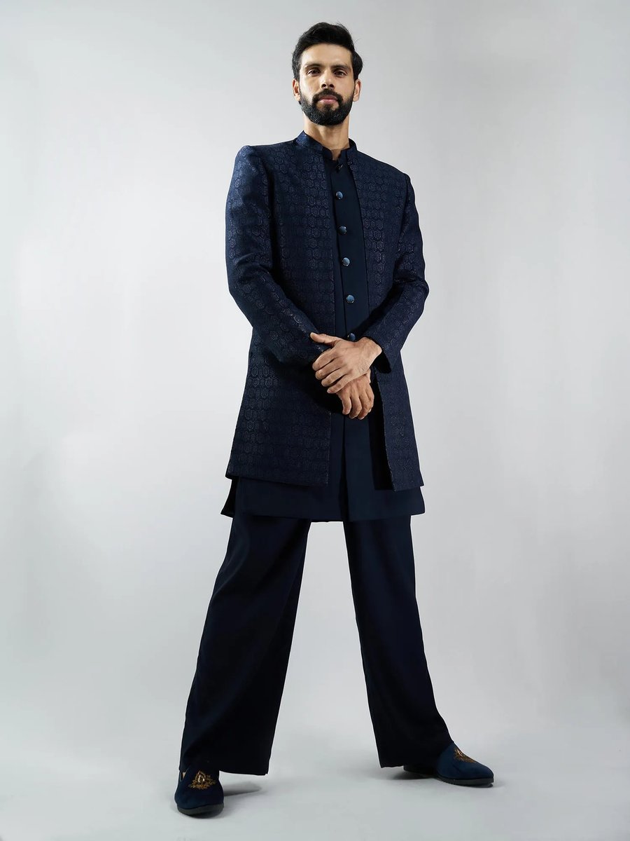 Men Navy Embroidered Sherwani Pant With Jacket