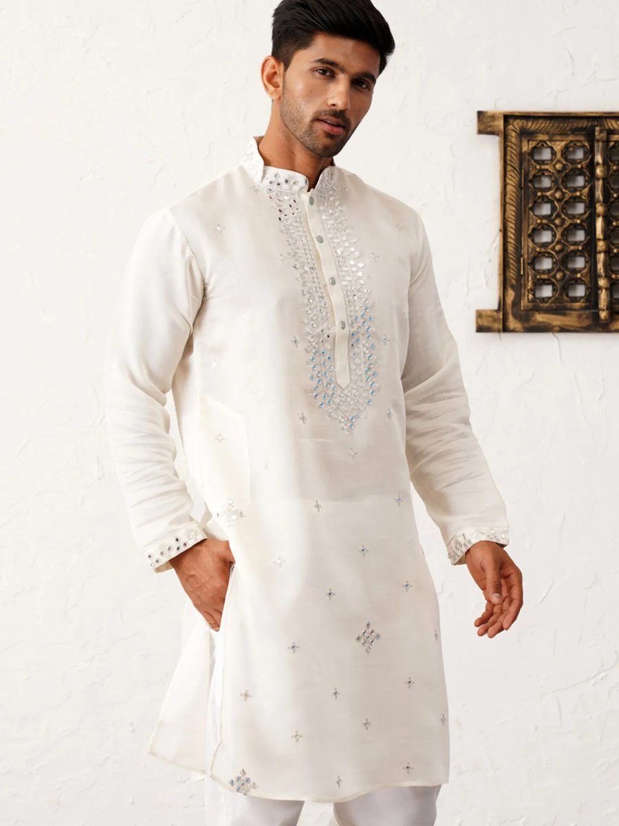 Men Bottle white Silk Blend Kurta