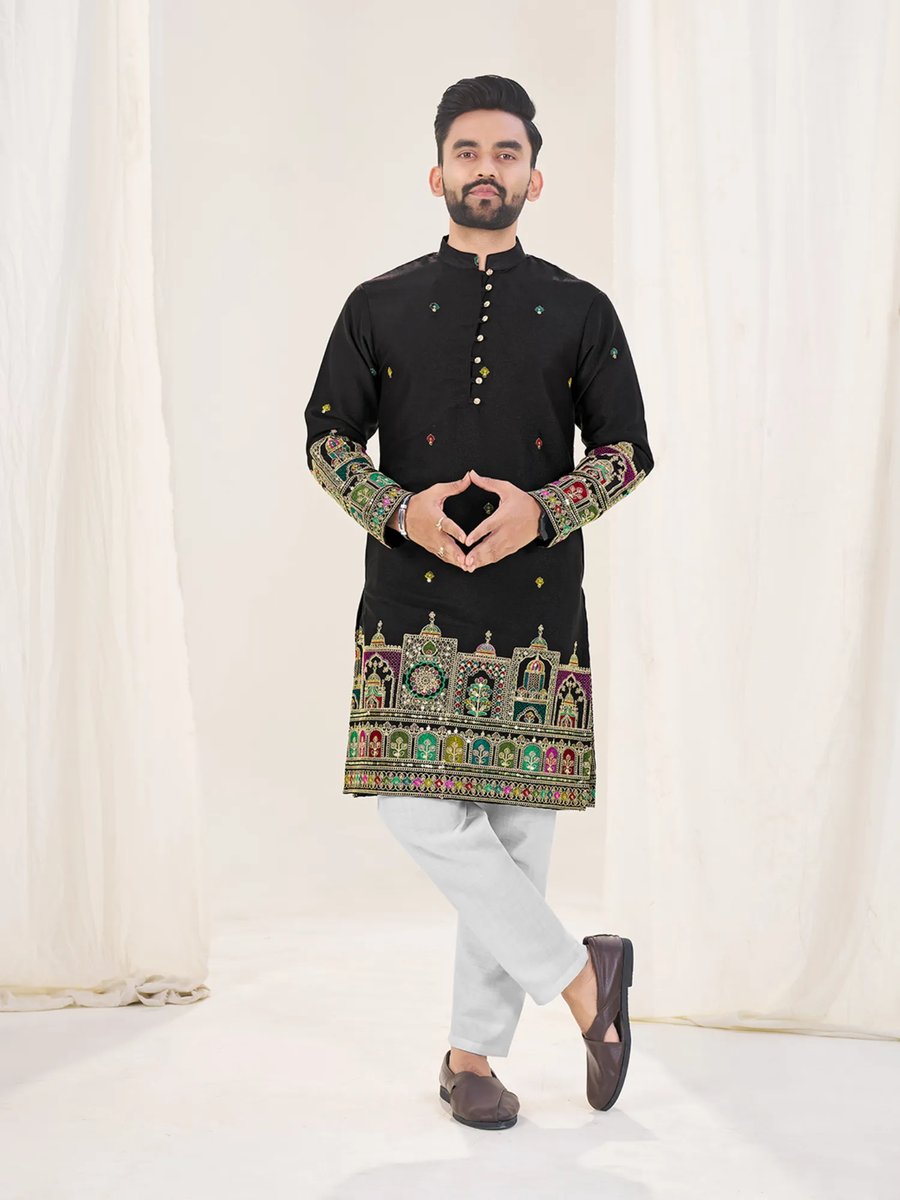 Green Cotton Dobby Slim Fit Long Kurta