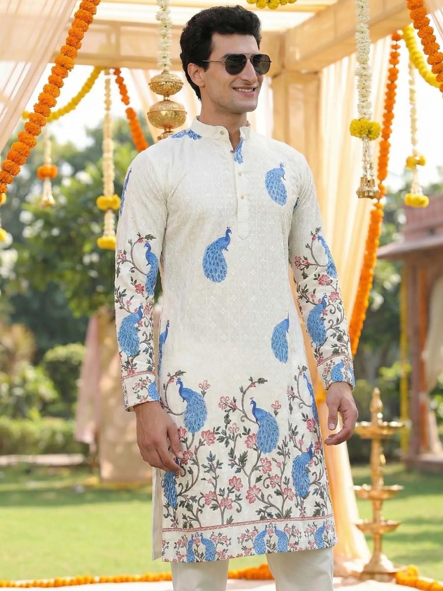 Cotton Printed Long Sleeves Mandarin Kurta For Men