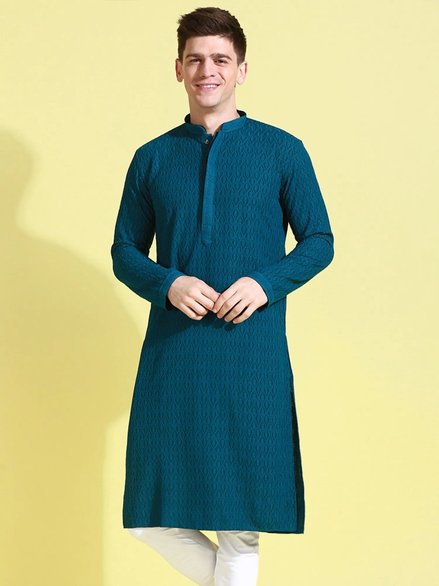 Blue Cotton Blend Embroidered Kurta