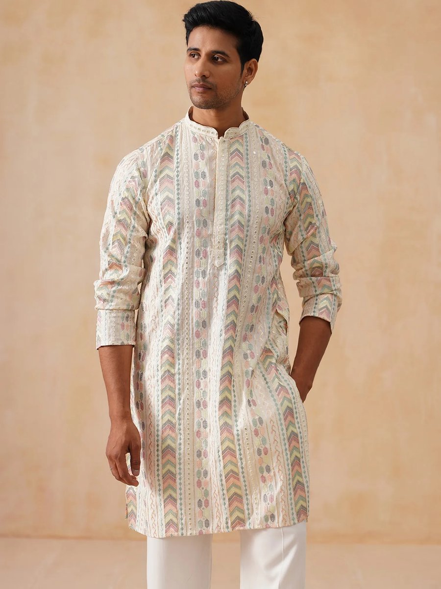 Cotton Blend Ombre Printed White Kurta