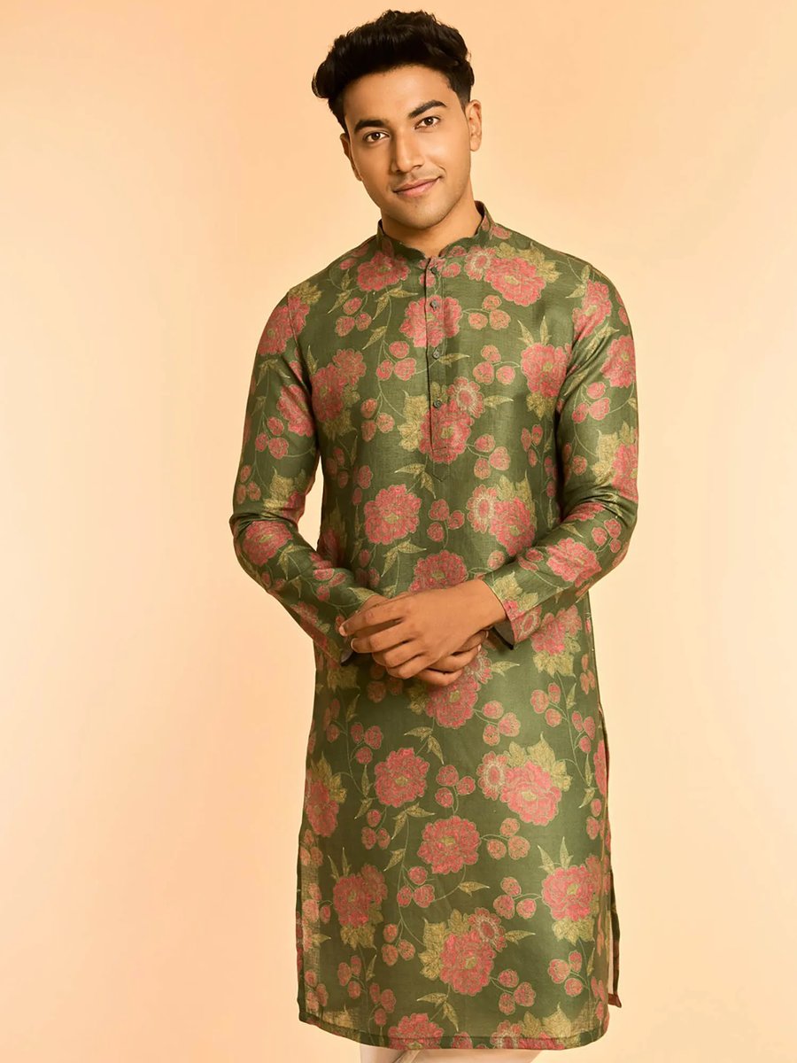 Pink Ethnic Turquoise Silk Embroidered Men Ku