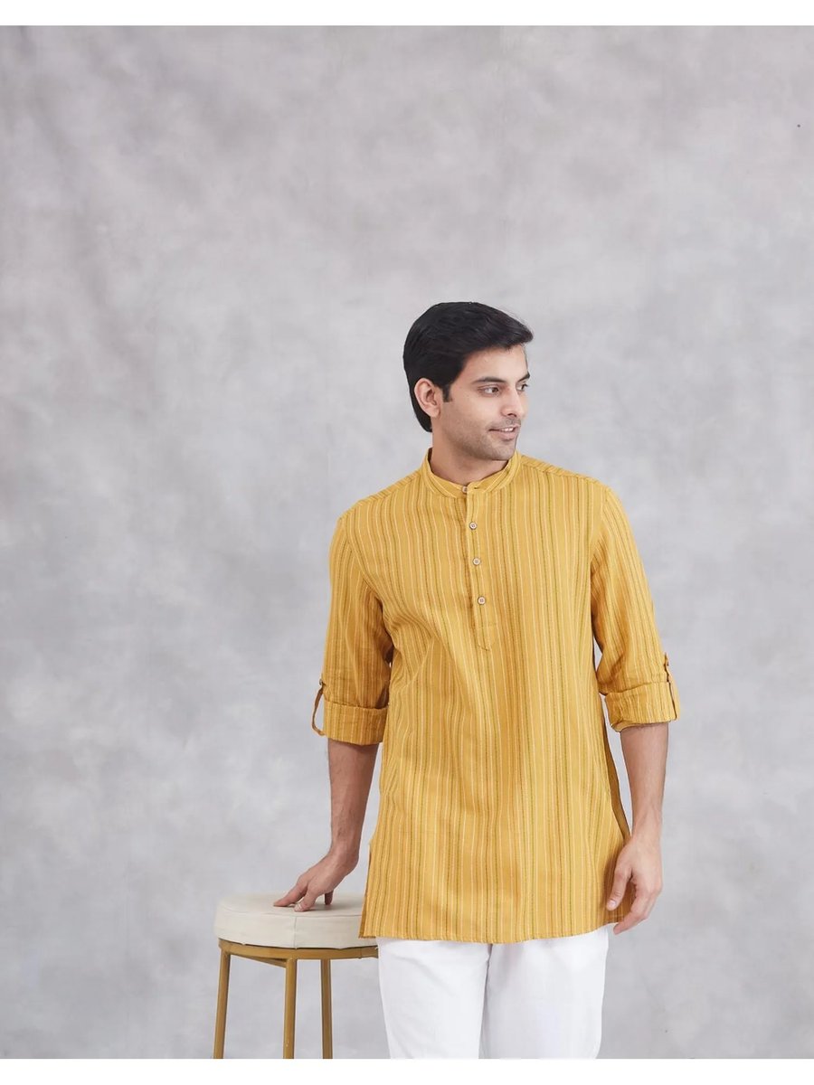 Mens Yellow Cotton Short Kurta