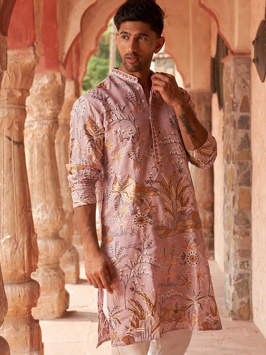 Men Pink Cotton Silk Embroidered Floral Kurta