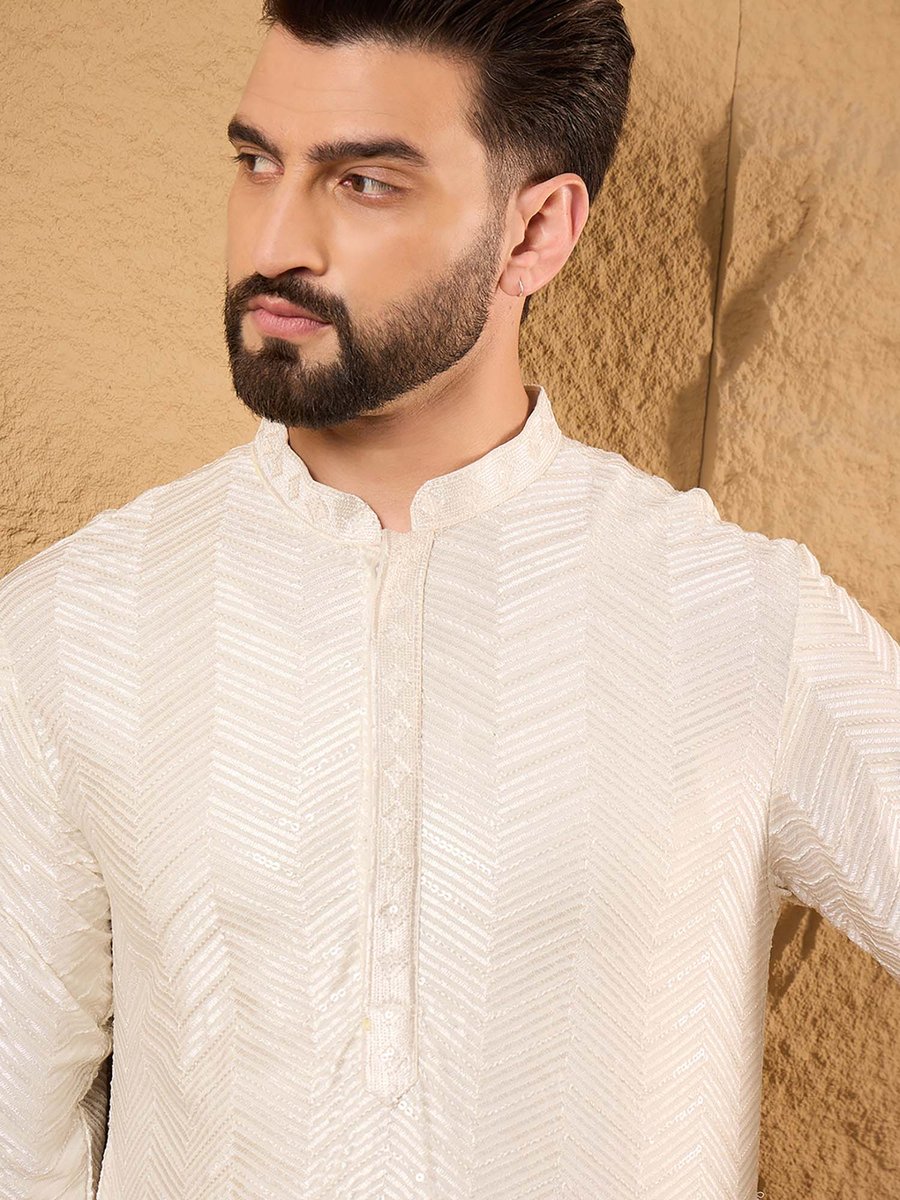 White Viscose Silk Embroidered Stitched Kurta