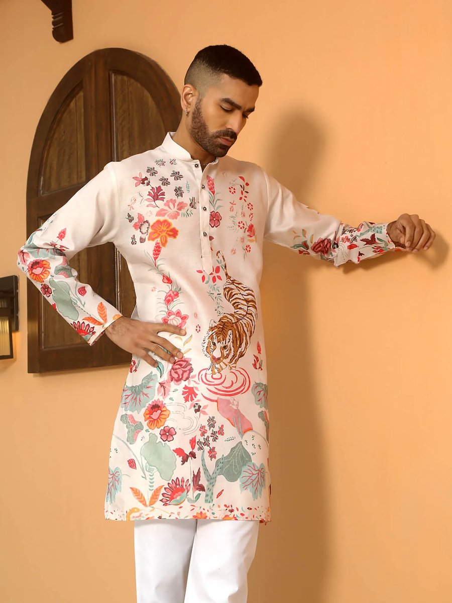 White Cotton Blend Dobby Slim Fit Long Kurta