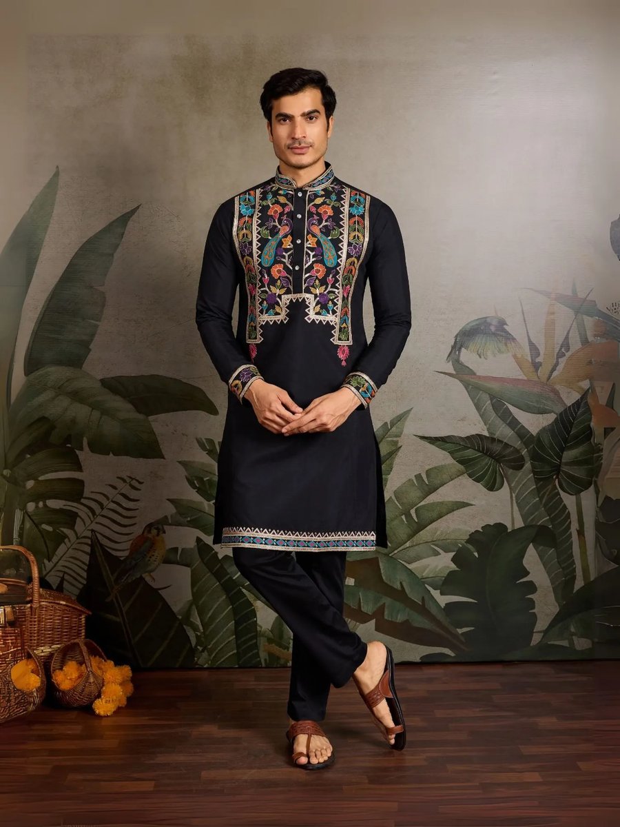 Men Mustard Embroidered Kurta