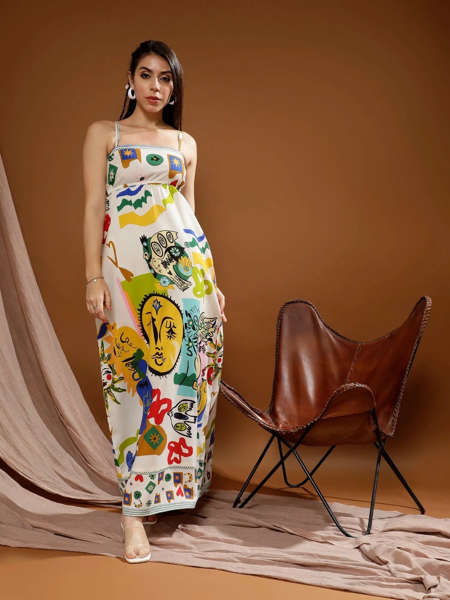 White Printed A Line Maxi Dress