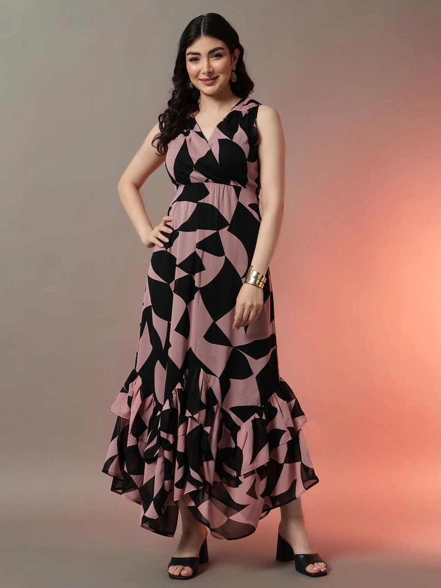 Pink And Black Printed Sleeveless Maxi Dress