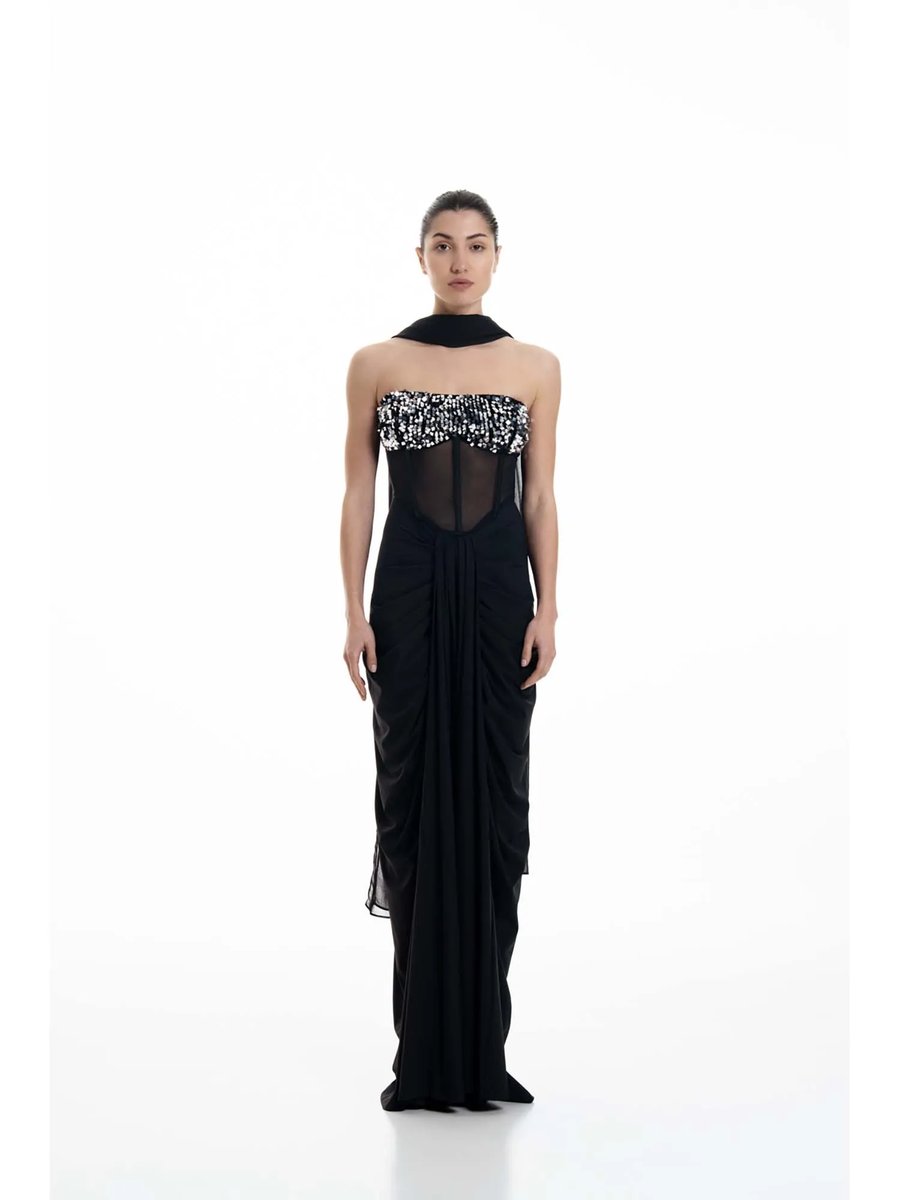 Midnight Corseted Drape Dress With Dupatta Set Of 2