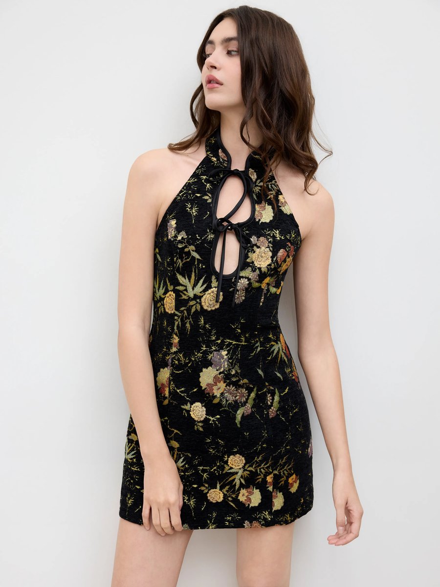 Neckline Floral Cut Out Tie Front Mini Dress