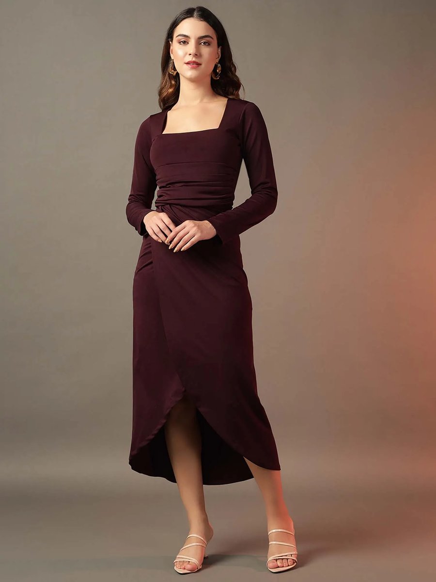 Puff Sleeve Peach Solid V Neck A Line Maxi Dress