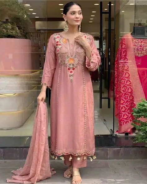 Peach Women Embroidery Straight Kurta