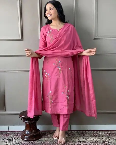 Pink Women Embroidered Straight Kurta With Pants & Dupatta