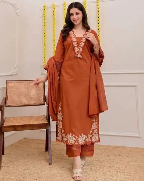 Fashion Rust Women Embroidery Straight Kurta Set