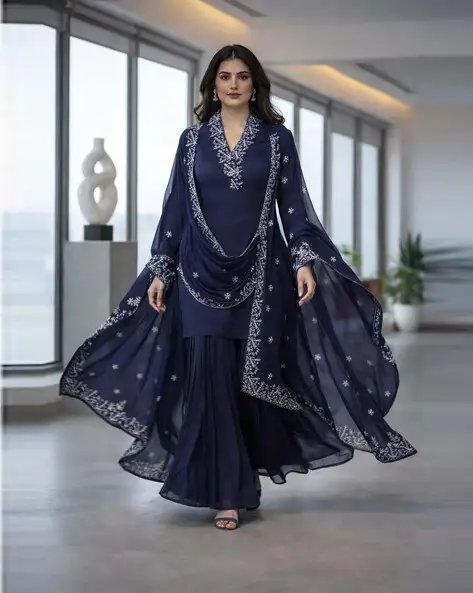 Blue Women Embroidered 3 Piece Anarkali Kurta Set