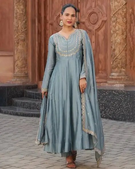 Blue Women Embroidered Anarkali Kurta Suit Set