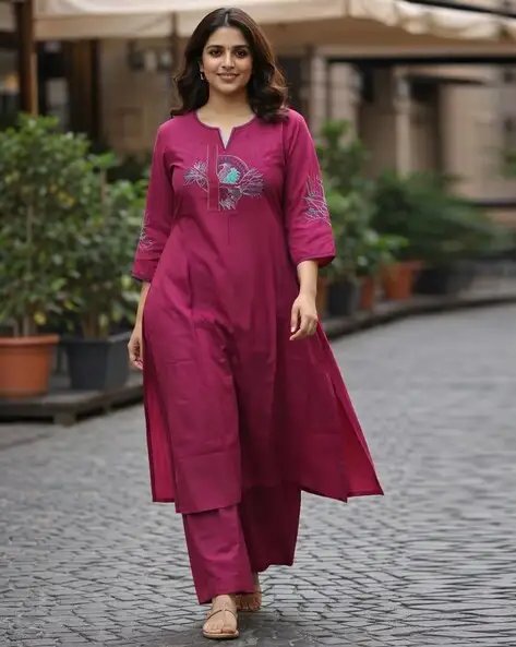 Pink Women Cotton Embroidered Kurta Set