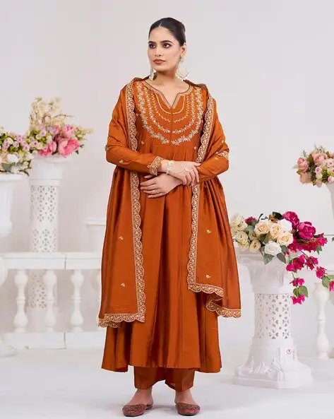 Orange Women Embroidered Anarkali Kurta Suit Set